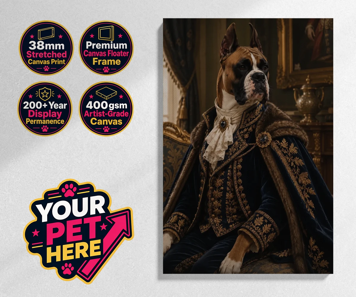 Personalised Paw Duke dog stretched canvas print featuring the epitome of canine royalty captured in a stunning portrait that rad