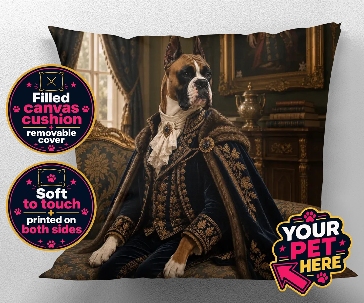 Personalised Paw Duke dog canvas cushions featuring the epitome of canine royalty captured in a stunning portrait that rad