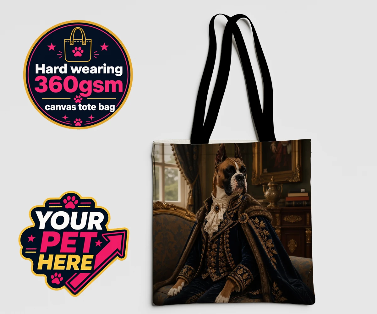 Personalised Paw Duke dog canvas tote bags featuring the epitome of canine royalty captured in a stunning portrait that rad