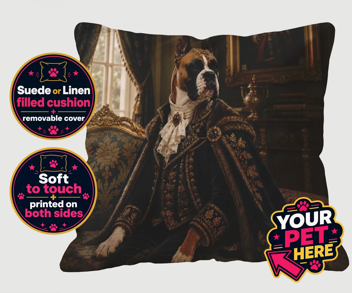 Personalised Paw Duke dog cushions featuring the epitome of canine royalty captured in a stunning portrait that rad