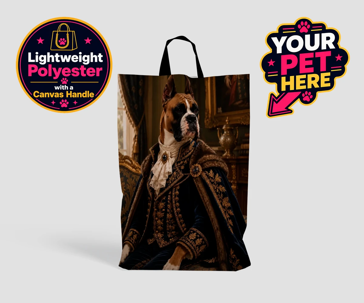 Personalised Paw Duke dog shopping bags featuring the epitome of canine royalty captured in a stunning portrait that rad