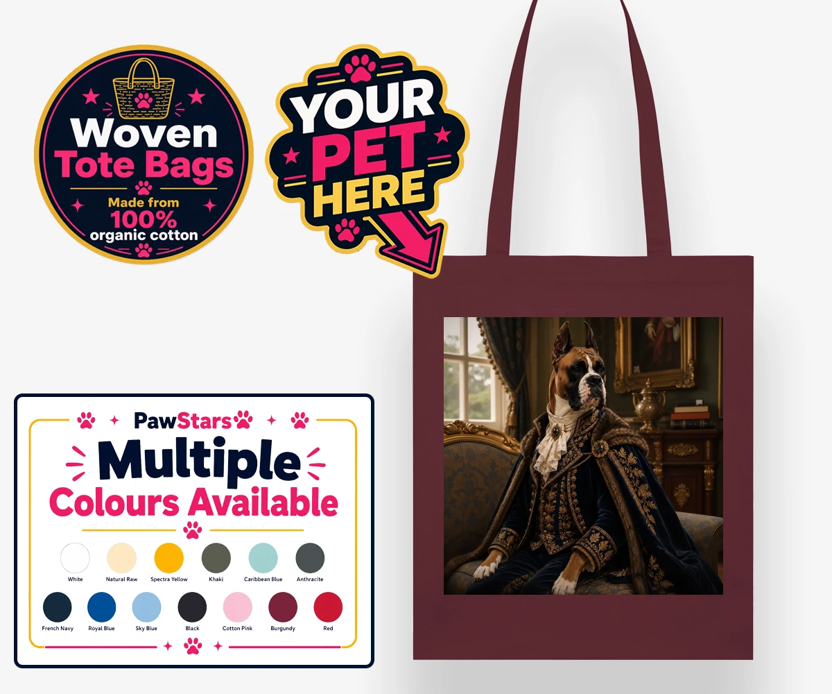 Personalised Paw Duke dog woven tote bags featuring the epitome of canine royalty captured in a stunning portrait that rad