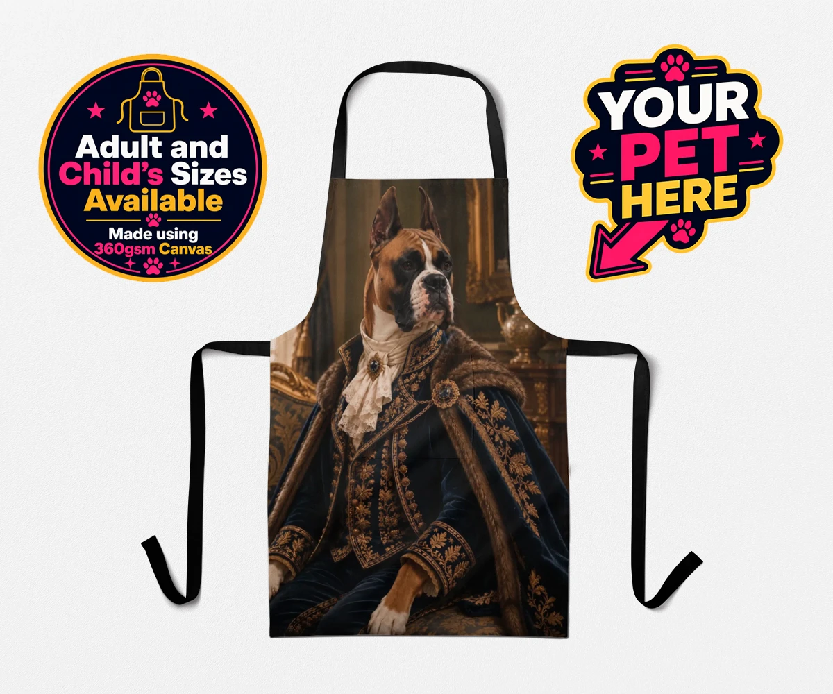 Personalised Paw Duke dog aprons featuring the epitome of canine royalty captured in a stunning portrait that rad