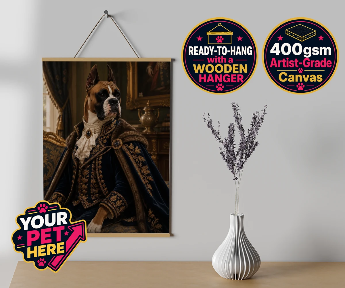 Personalised Paw Duke dog canvas poster prints with hanger featuring the epitome of canine royalty captured in a stunning portrait that rad