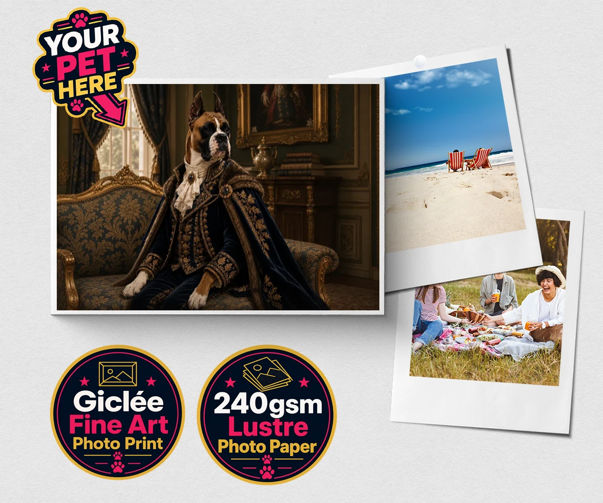 Personalised Paw Duke dog premium photo print featuring the epitome of canine royalty captured in a stunning portrait that rad
