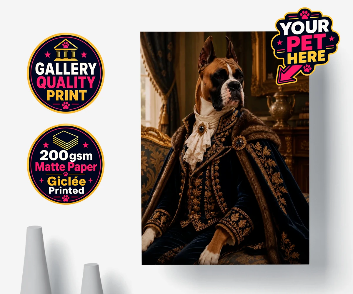 Personalised poster print featuring Paw Duke, a dog in a regal costume with gold embroidery and a fur-lined cape