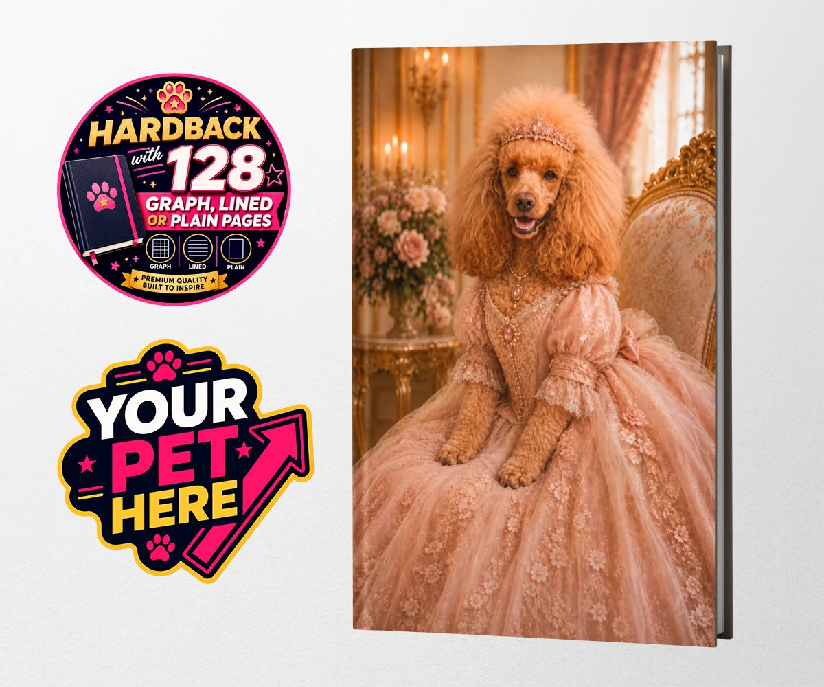 Personalised Paw Princess dog hardback notebooks featuring meet the Paw Princess, a splendidly regal canine adorned in a delicate