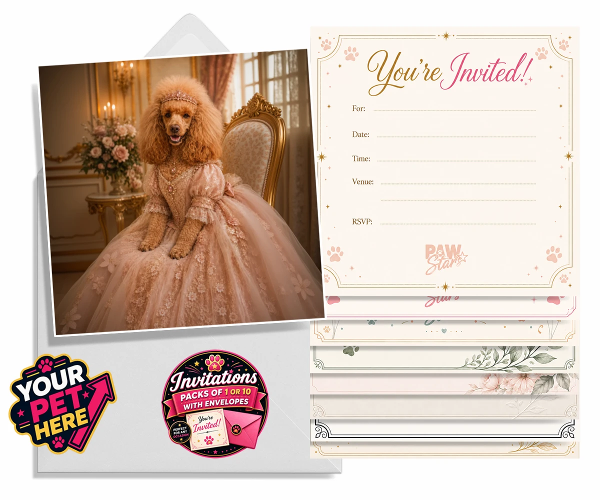 Personalised Paw Princess dog invitations featuring meet the Paw Princess, a splendidly regal canine adorned in a delicate