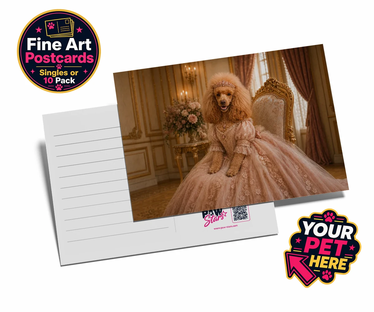 Personalised Paw Princess dog postcards featuring meet the Paw Princess, a splendidly regal canine adorned in a delicate