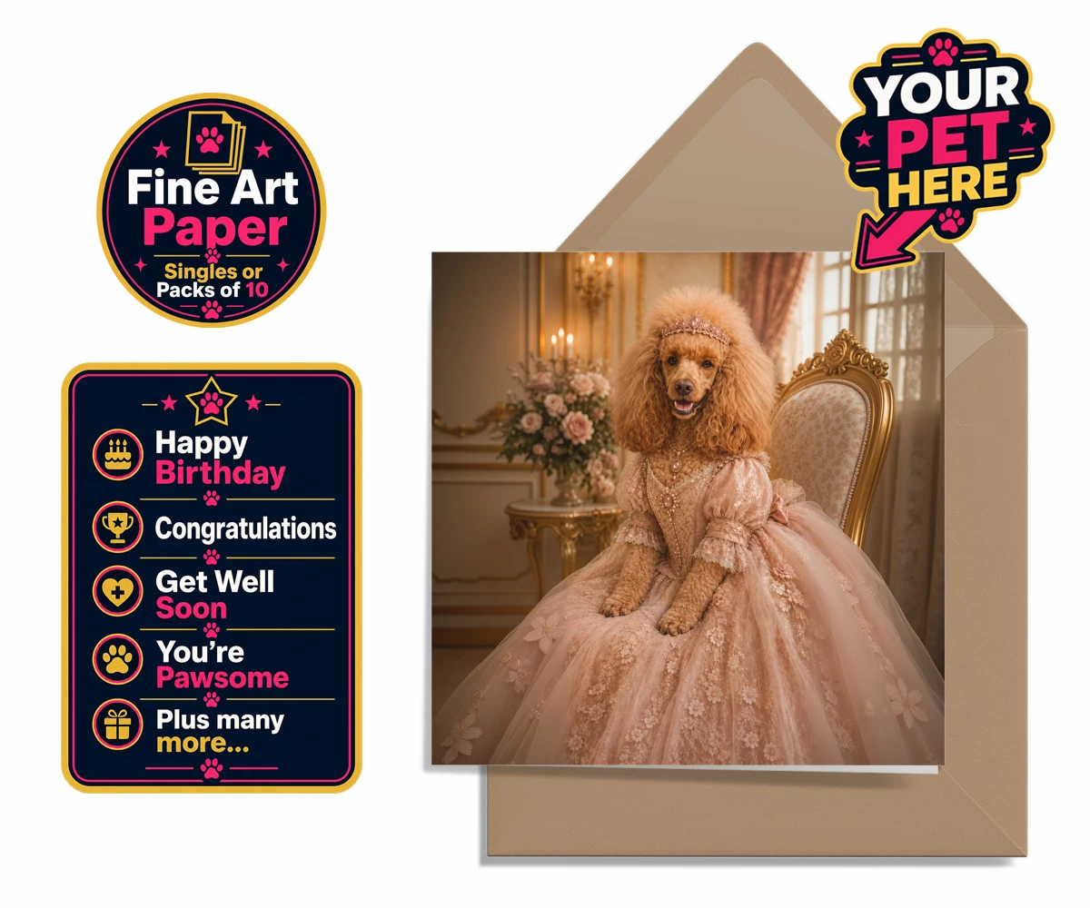 Personalised Paw Princess dog premium greetings cards featuring meet the Paw Princess, a splendidly regal canine adorned in a delicate
