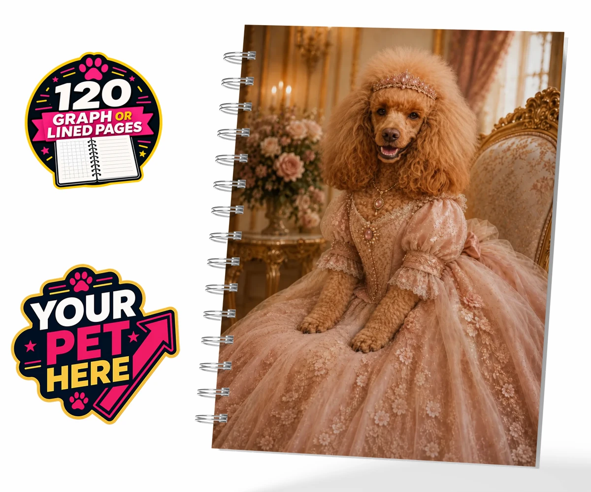 Personalised Paw Princess dog spiral notebook featuring meet the Paw Princess, a splendidly regal canine adorned in a delicate
