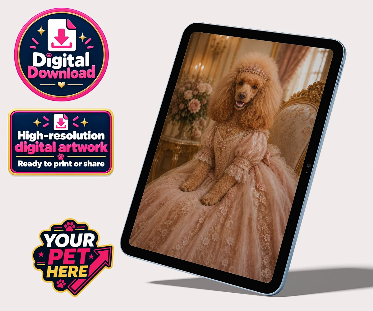 Personalised digital portrait of Paw Princess, a dog in a pink gown with a tiara and golden accents