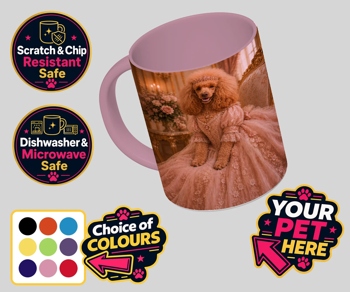 Personalised Paw Princess dog coloured photo mugs featuring meet the Paw Princess, a splendidly regal canine adorned in a delicate