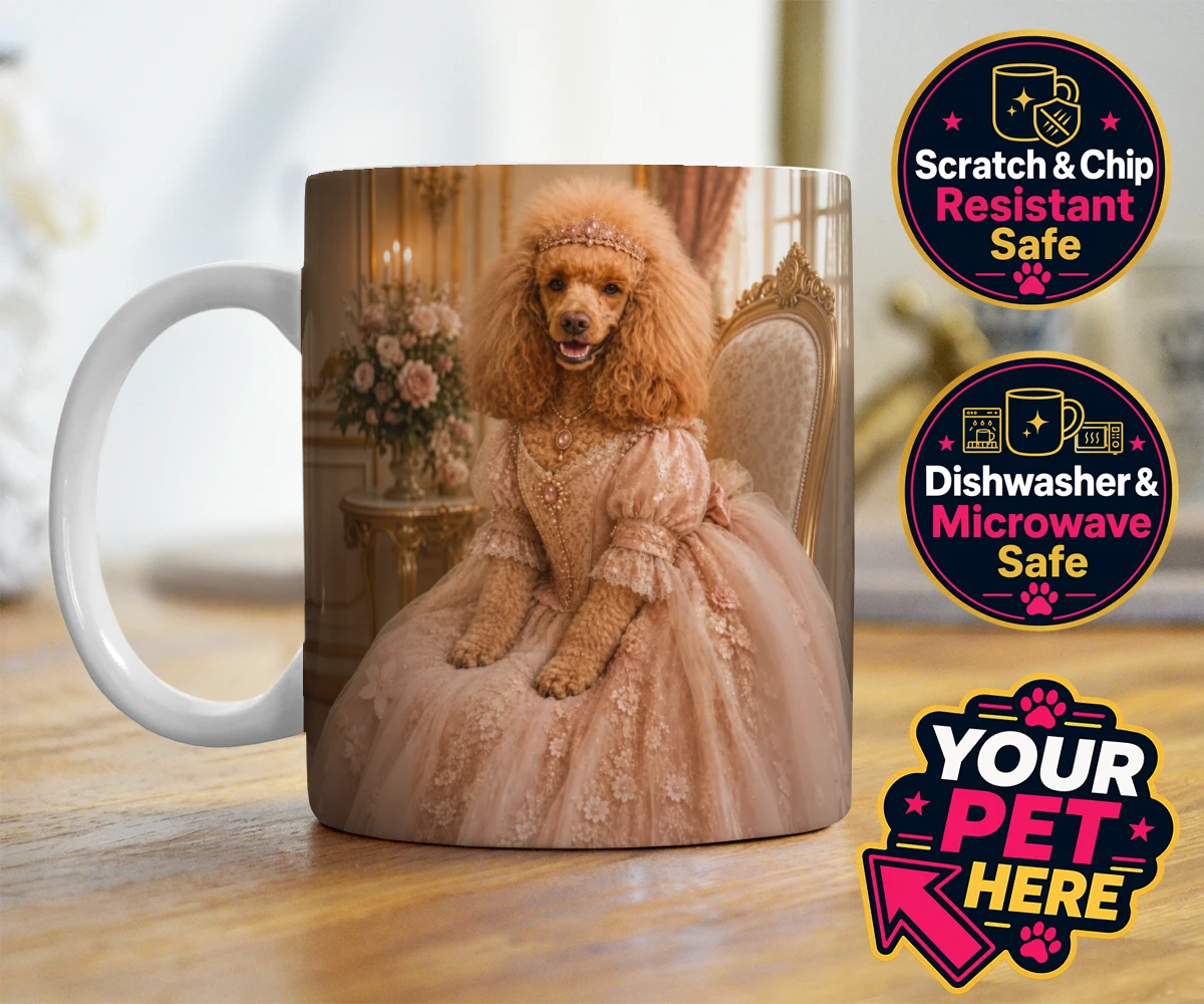 Personalised Paw Princess dog photo mugs featuring meet the Paw Princess, a splendidly regal canine adorned in a delicate