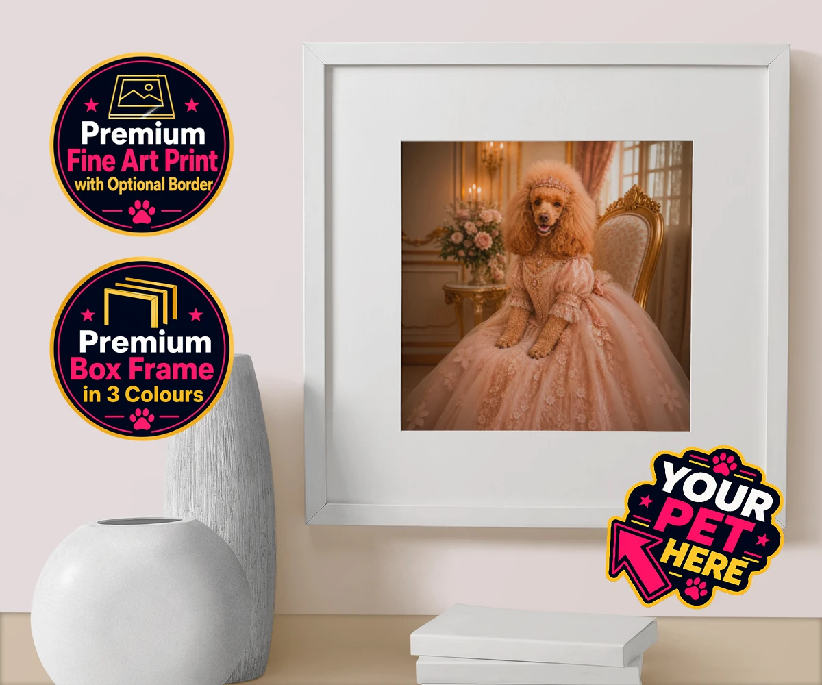 Personalised Paw Princess dog box framed print featuring meet the Paw Princess, a splendidly regal canine adorned in a delicate