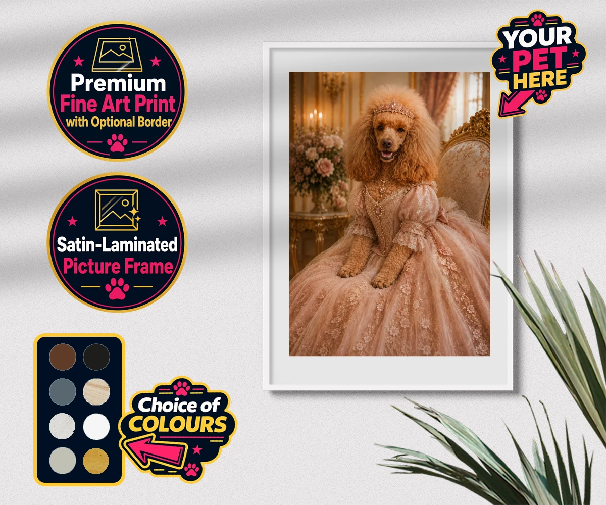 Personalised Paw Princess dog premium framed print featuring meet the Paw Princess, a splendidly regal canine adorned in a delicate