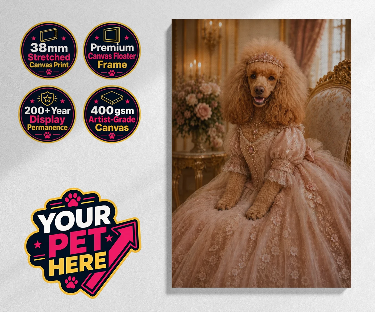 Personalised Paw Princess dog stretched canvas print featuring meet the Paw Princess, a splendidly regal canine adorned in a delicate