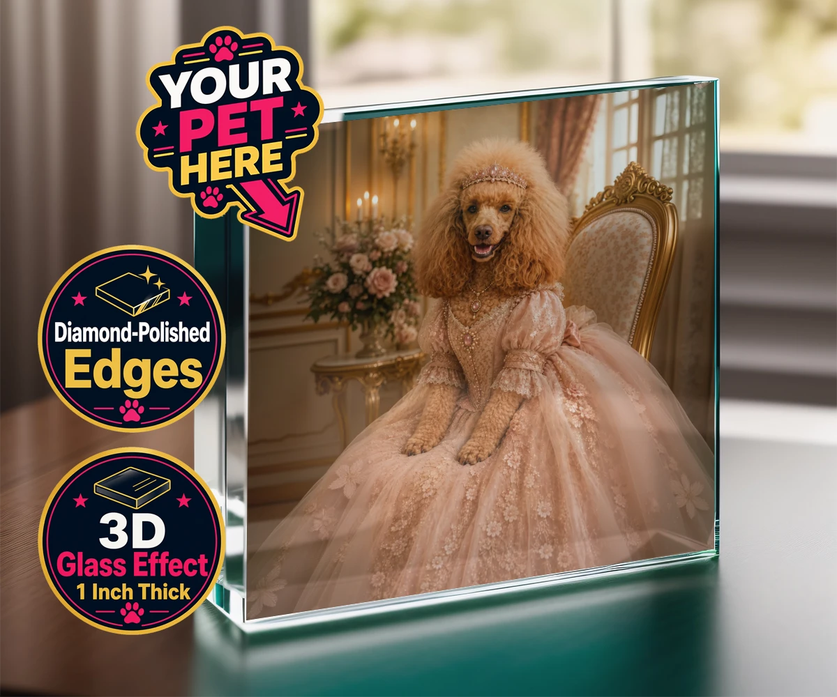 Personalised Paw Princess dog acrylic prisms featuring meet the Paw Princess, a splendidly regal canine adorned in a delicate