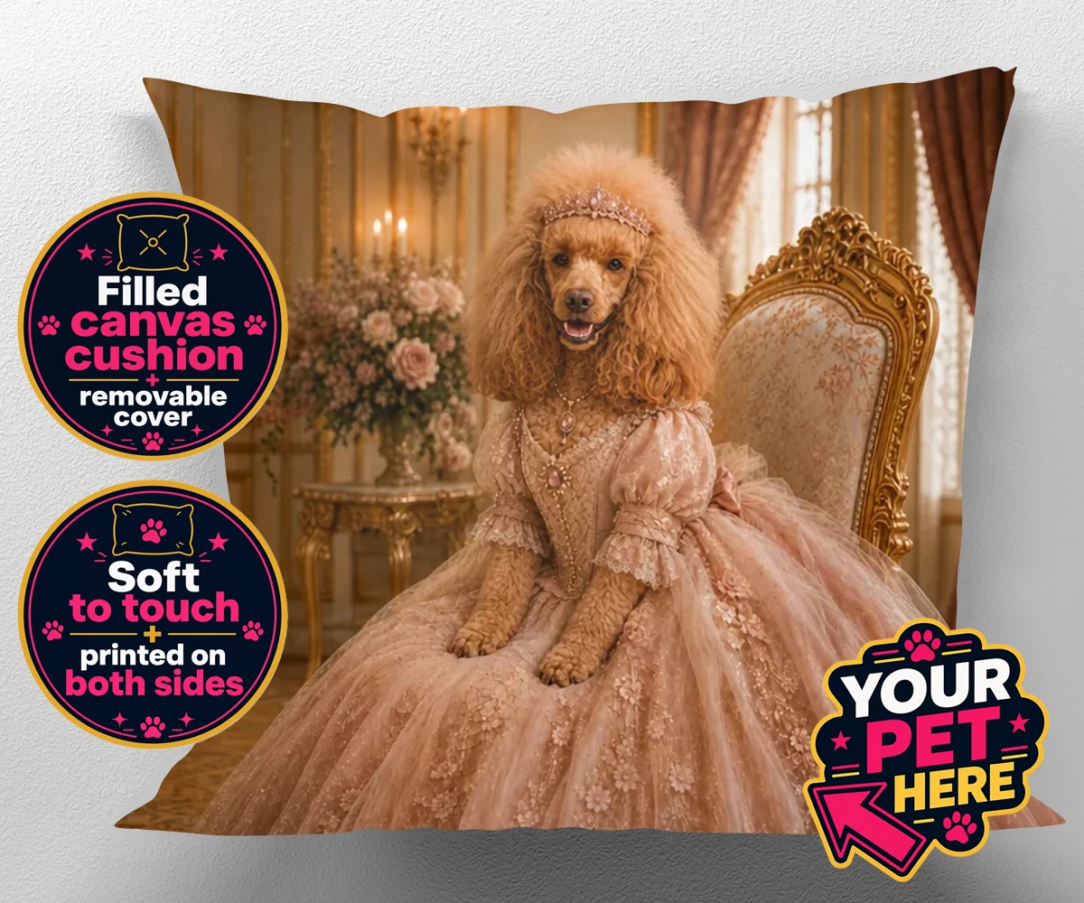 Personalised Paw Princess dog canvas cushions featuring meet the Paw Princess, a splendidly regal canine adorned in a delicate