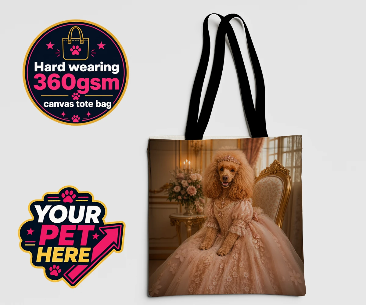 Personalised Paw Princess dog canvas tote bags featuring meet the Paw Princess, a splendidly regal canine adorned in a delicate