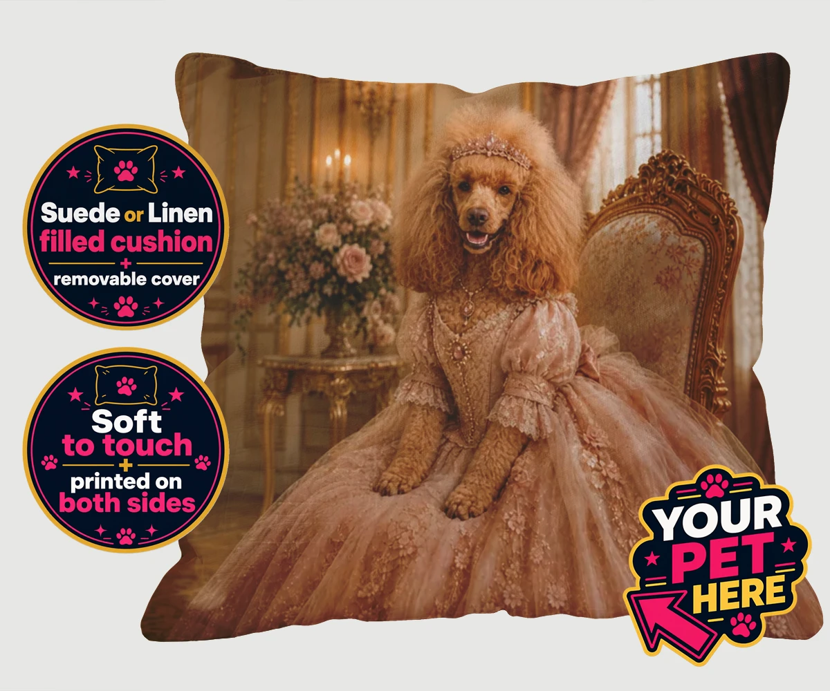 Personalised Paw Princess dog cushions featuring meet the Paw Princess, a splendidly regal canine adorned in a delicate