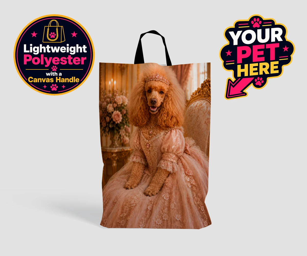 Personalised Paw Princess dog shopping bags featuring meet the Paw Princess, a splendidly regal canine adorned in a delicate