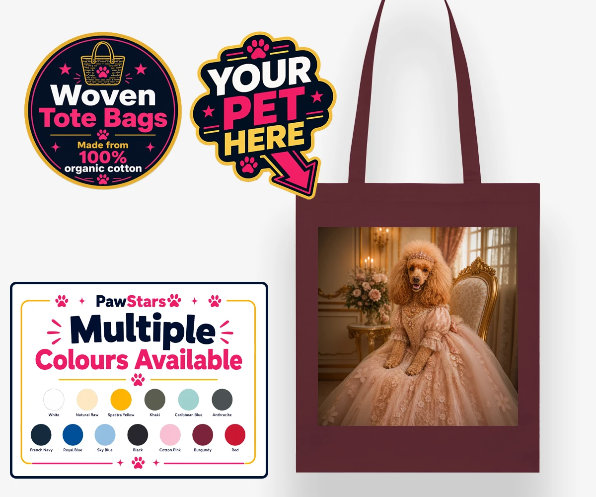 Personalised Paw Princess dog woven tote bags featuring meet the Paw Princess, a splendidly regal canine adorned in a delicate