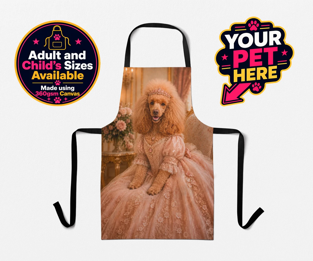 Personalised Paw Princess dog aprons featuring meet the Paw Princess, a splendidly regal canine adorned in a delicate