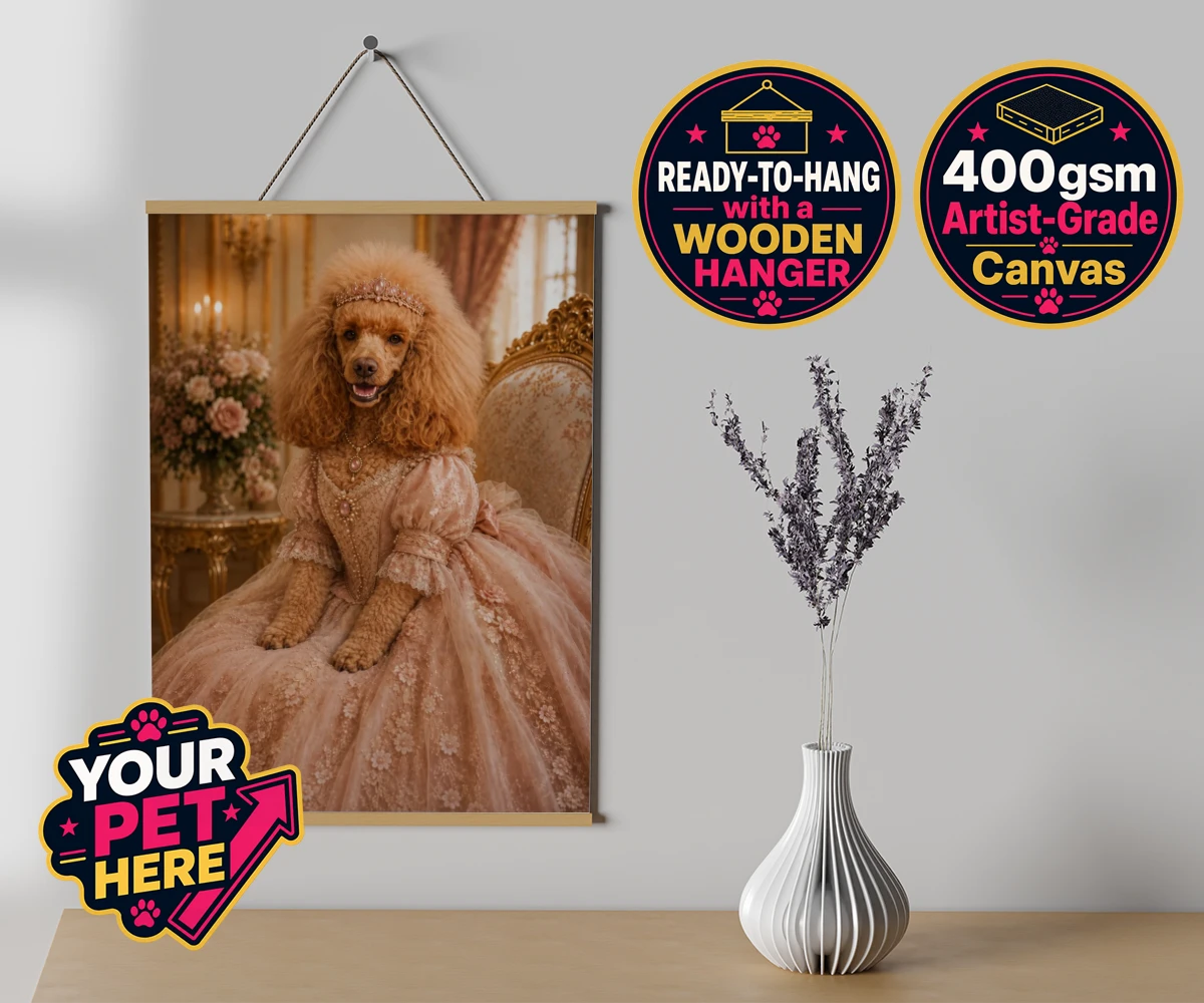 Personalised Paw Princess dog canvas poster prints with hanger featuring meet the Paw Princess, a splendidly regal canine adorned in a delicate