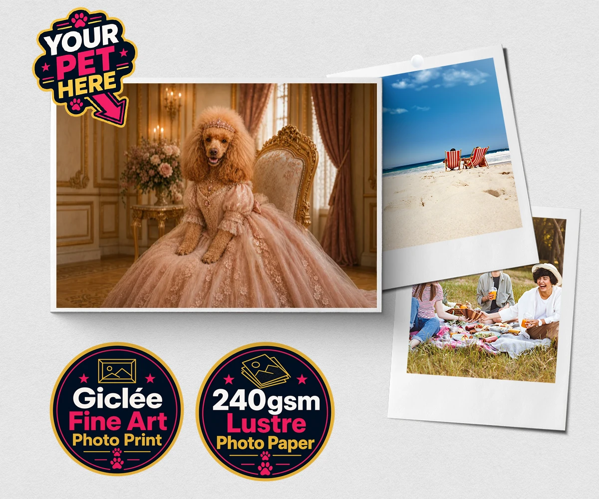 Personalised Paw Princess dog premium photo print featuring meet the Paw Princess, a splendidly regal canine adorned in a delicate