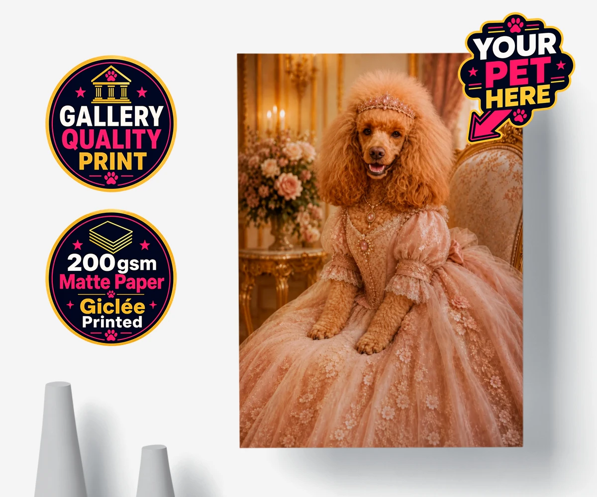 Personalised poster print of Paw Princess dog in a pink gown and sparkling tiara