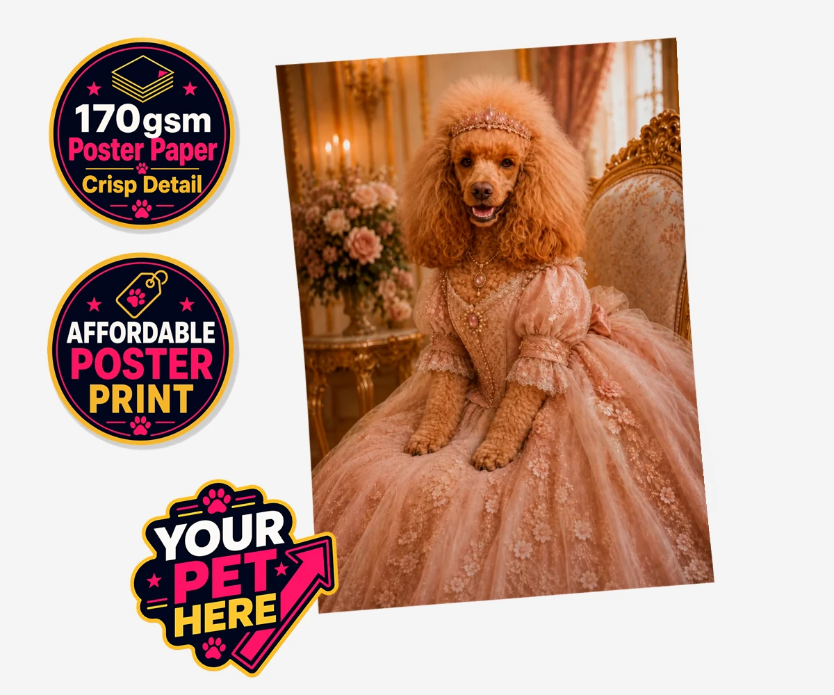 Personalised Paw Princess dog standard poster print featuring meet the Paw Princess, a splendidly regal canine adorned in a delicate