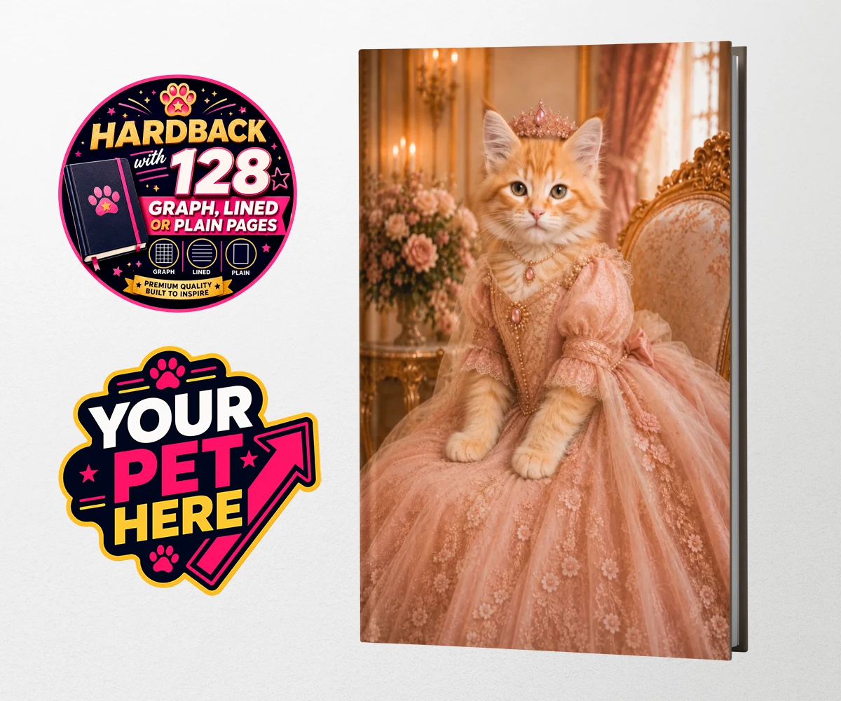 Personalised Paw Princess cat hardback notebooks featuring a regal feline fit for a royal court!
