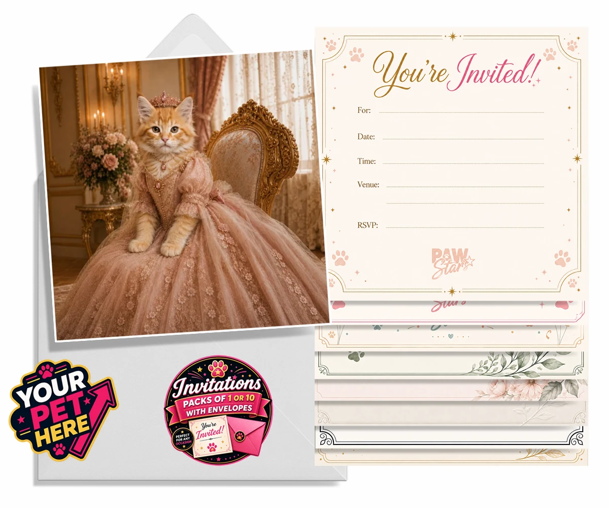 Personalised Paw Princess cat invitations featuring a regal feline fit for a royal court!