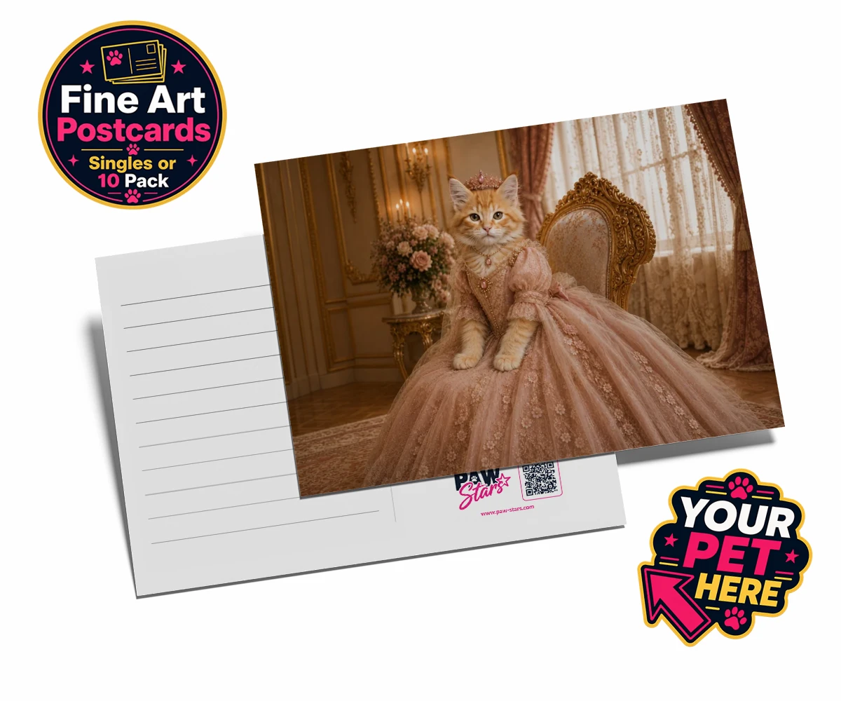 Personalised Paw Princess cat postcards featuring a regal feline fit for a royal court!