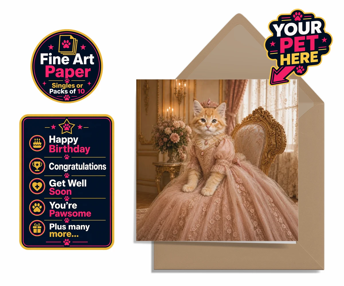 Personalised Paw Princess cat premium greetings cards featuring a regal feline fit for a royal court!
