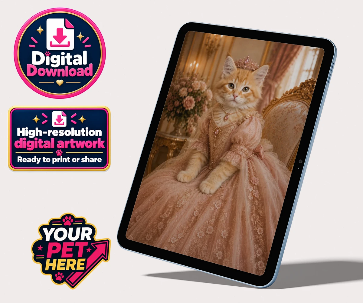 Personalised digital portrait of Paw Princess, a cat in a pink gown with floral details, set against opulent decor.