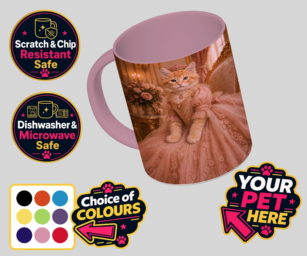Personalised Paw Princess cat coloured photo mugs featuring a regal feline fit for a royal court!