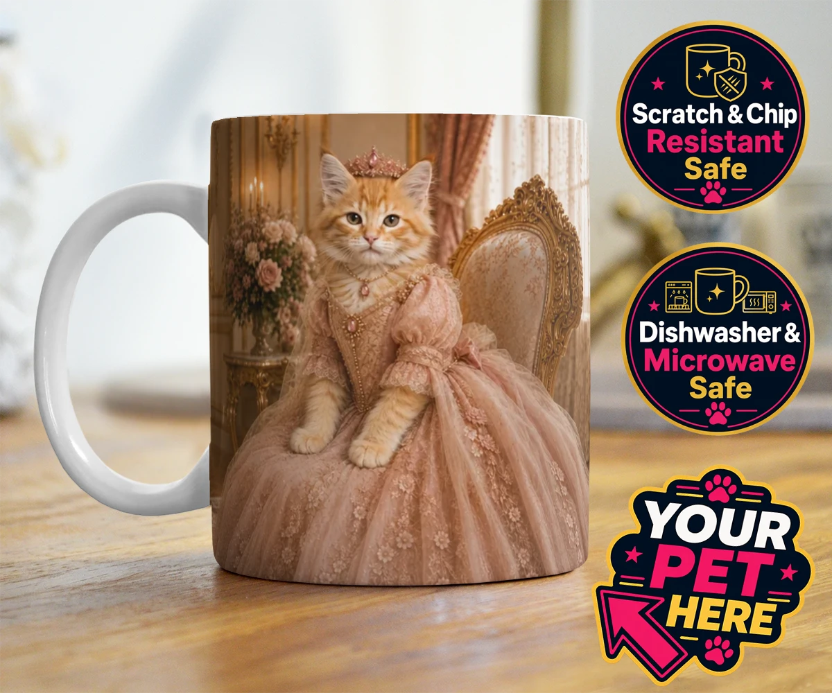 Personalised Paw Princess cat photo mugs featuring a regal feline fit for a royal court!
