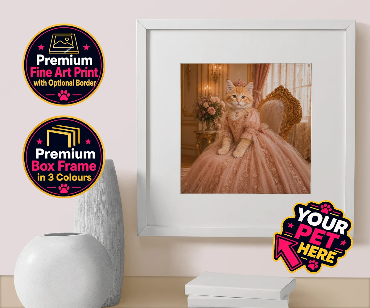 Personalised Paw Princess cat box framed print featuring a regal feline fit for a royal court!