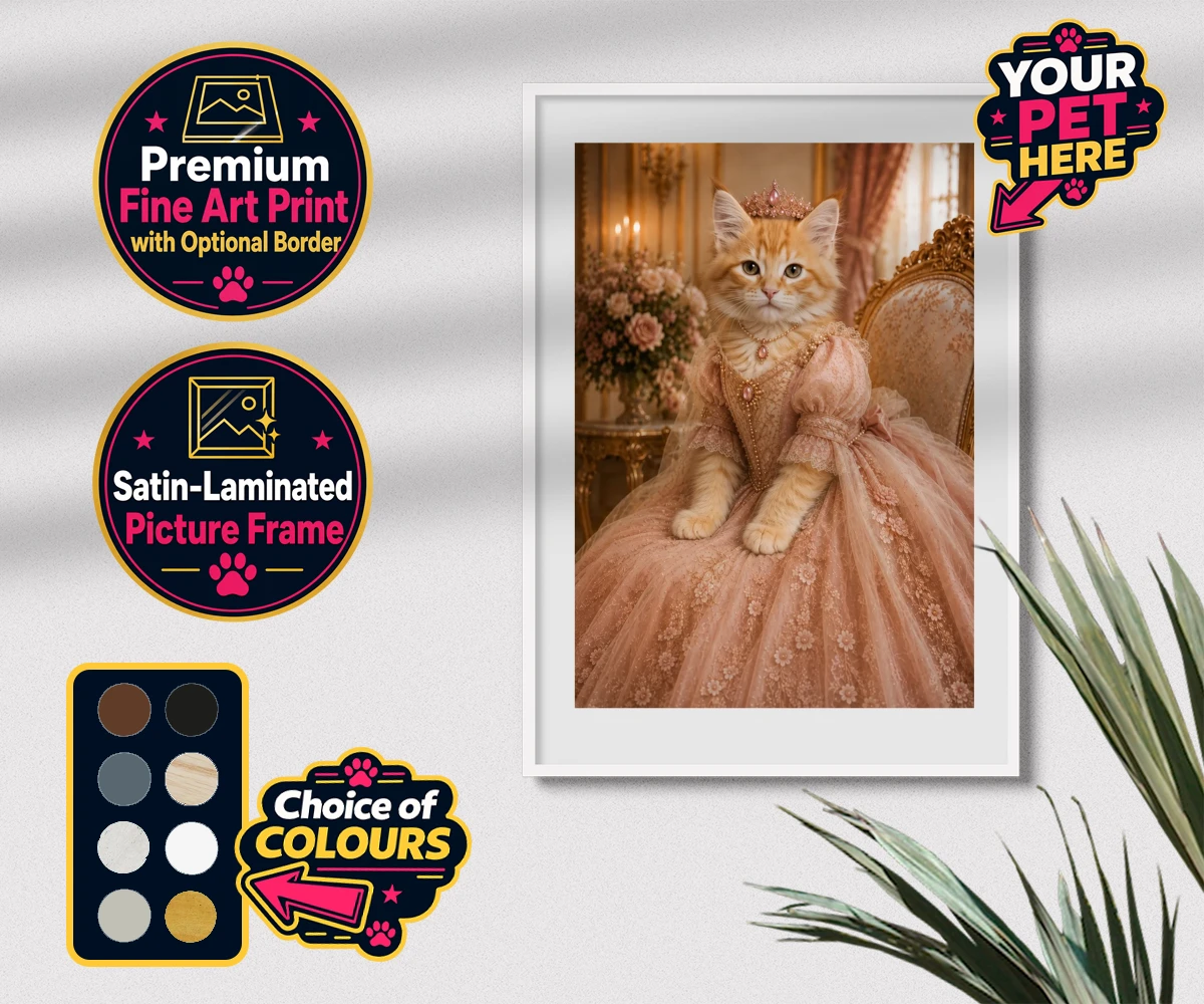 Personalised Paw Princess cat premium framed print featuring a regal feline fit for a royal court!