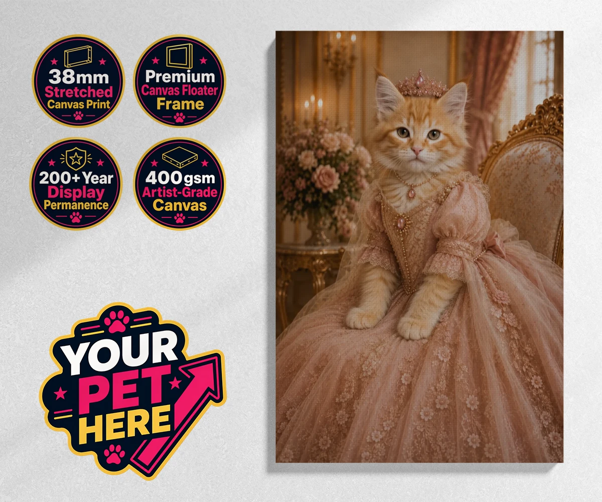 Personalised Paw Princess cat stretched canvas print featuring a regal feline fit for a royal court!