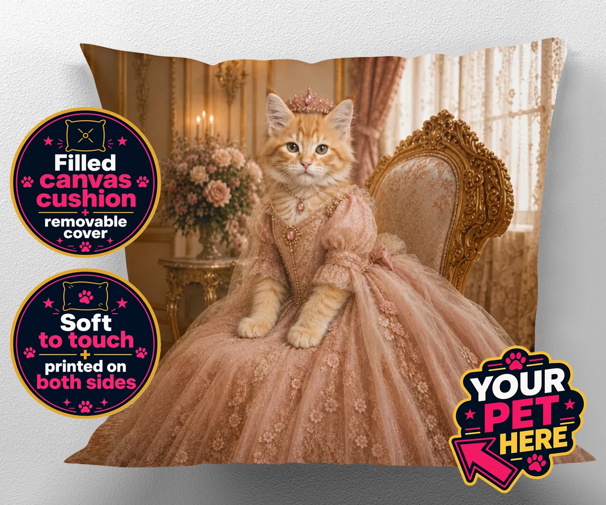 Personalised Paw Princess cat canvas cushions featuring a regal feline fit for a royal court!
