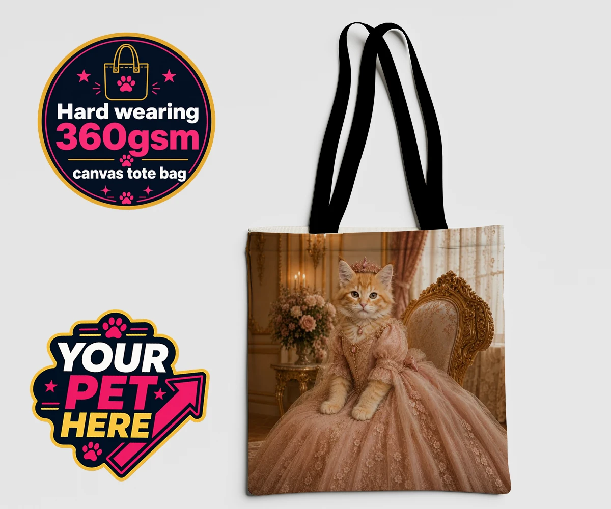 Personalised Paw Princess cat canvas tote bags featuring a regal feline fit for a royal court!