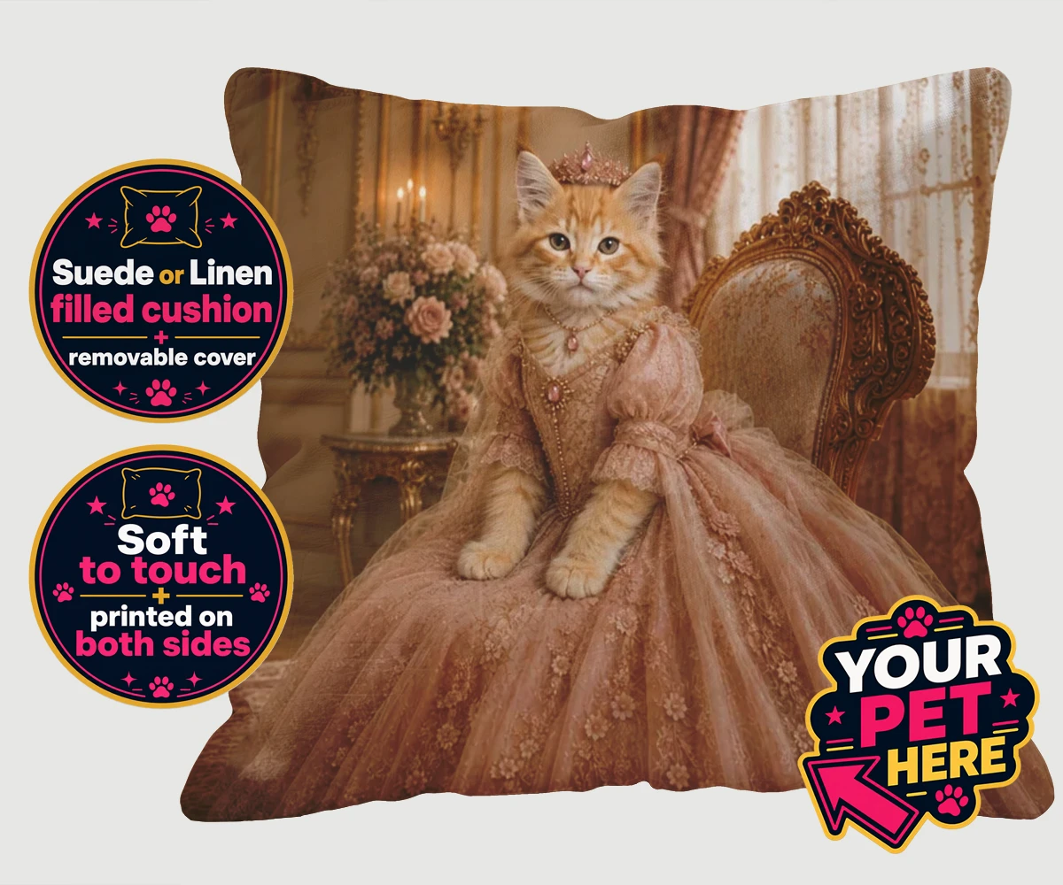 Personalised Paw Princess cat cushions featuring a regal feline fit for a royal court!