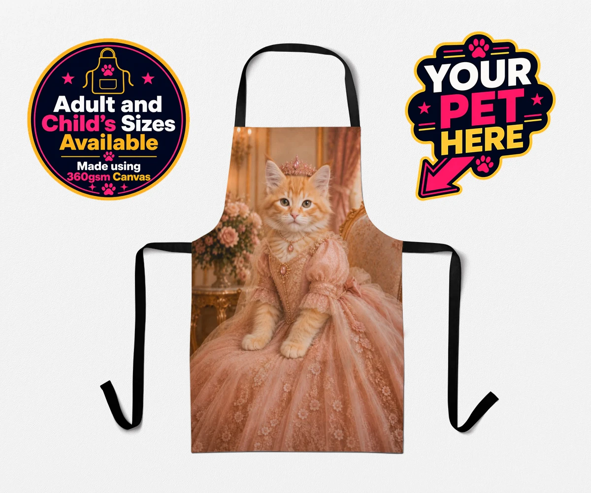 Personalised Paw Princess cat aprons featuring a regal feline fit for a royal court!