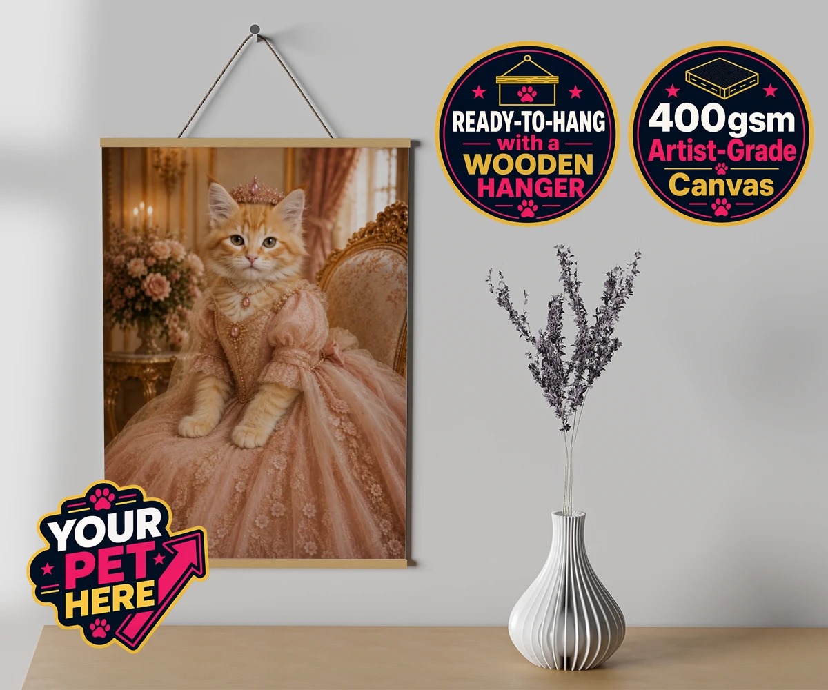 Personalised Paw Princess cat canvas poster prints with hanger featuring a regal feline fit for a royal court!