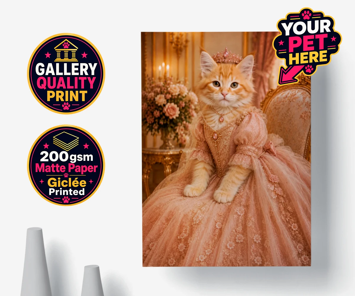 Personalised Paw Princess cat poster print featuring a cat in a pink gown with floral embroidery against an opulent backdrop.