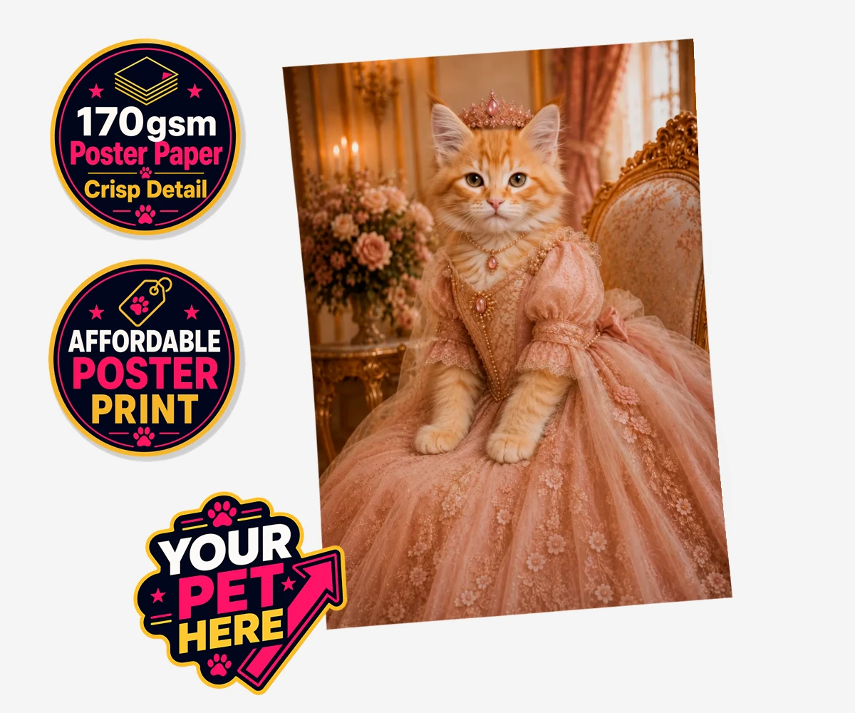 Personalised Paw Princess cat standard poster print featuring a regal feline fit for a royal court!