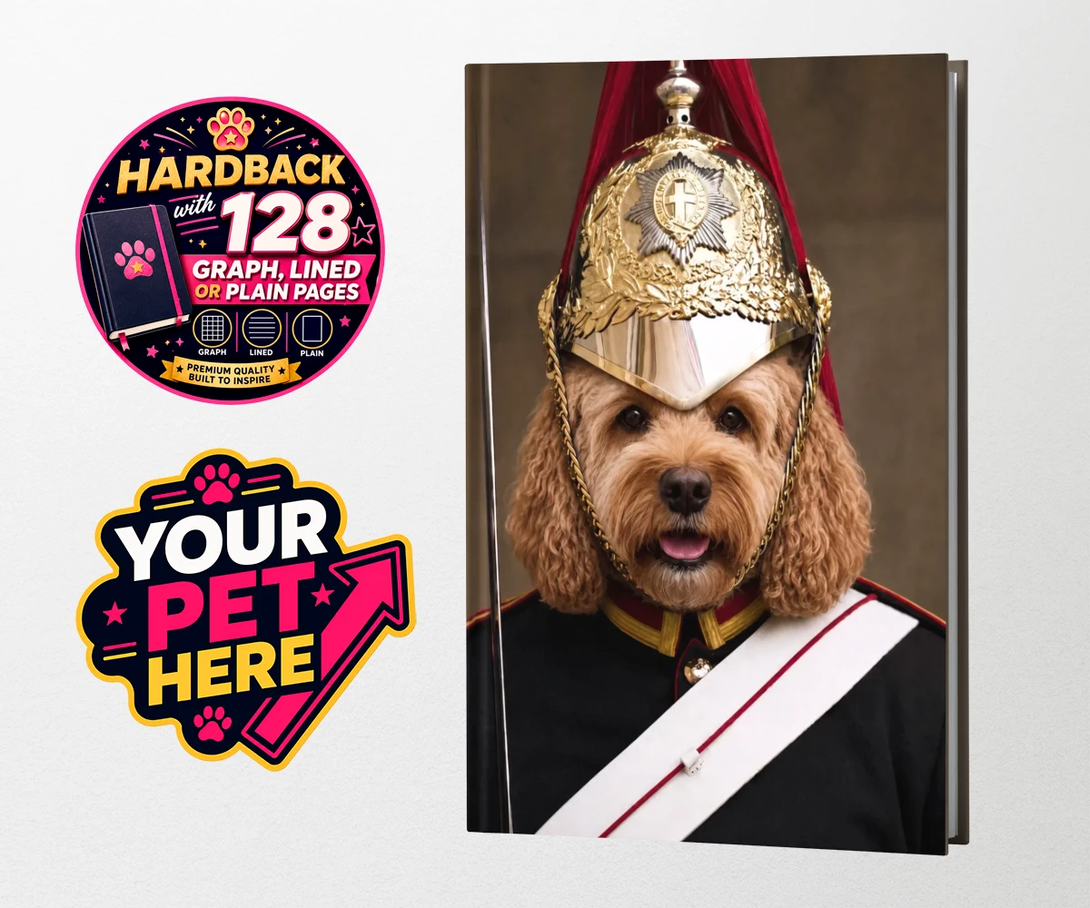 Personalised Royal Paw Cavalry dog hardback notebooks featuring meet the Royal Paw Cavalry, where your beloved dog transforms into the